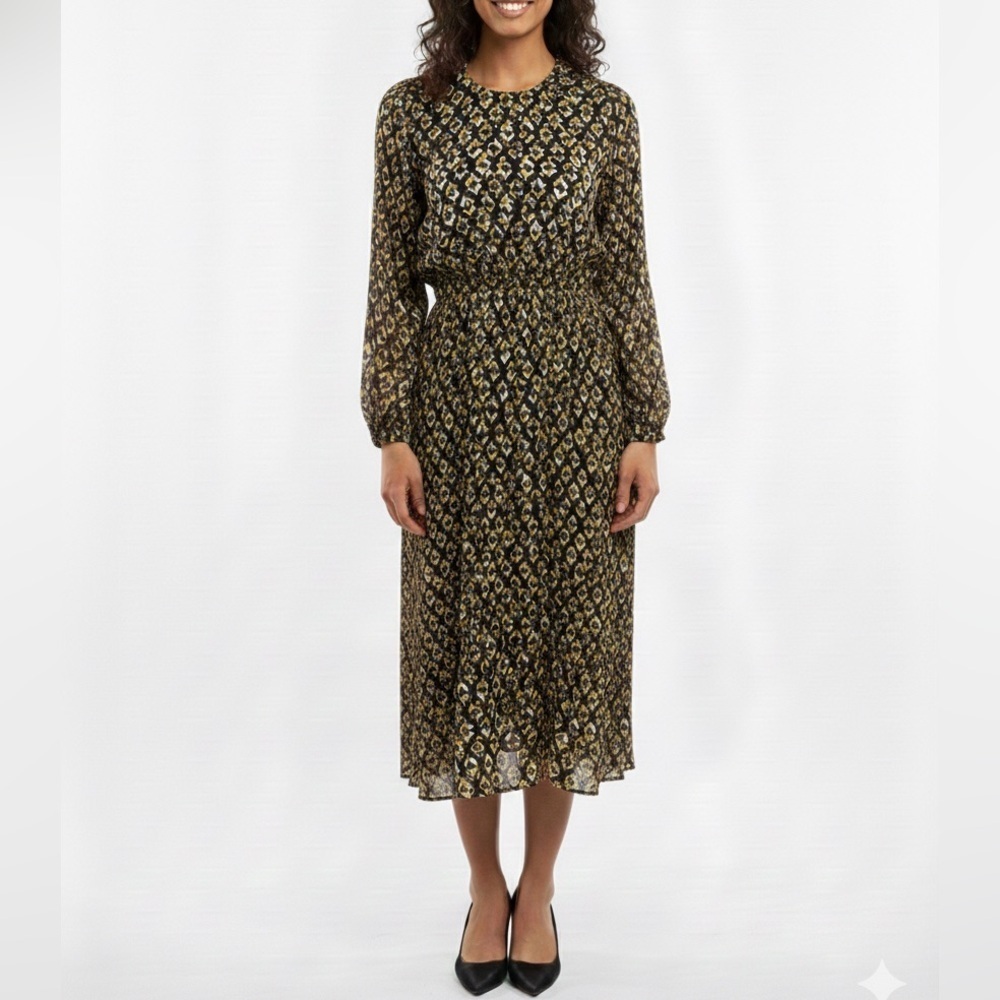 NWT Lola Italy Silk Blend Long Sleeve Geometric Midi Dress Bohemian Sz M